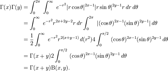 \begin{align}
 \Gamma(x)\Gamma(y) & {} =
  \int_0^{2\pi}\ \int_0^\infty\ e^{-r^2} |r\cos\theta|^{2x-1} |r\sin\theta|^{2y-1} r \, dr \,d\theta \\
& {} = \int_0^\infty\ e^{-r^2} r^{2x+2y-2} r\, dr \int_0^{2\pi}\ |(\cos\theta)^{2x-1} (\sin\theta)^{2y-1}| \, d\theta \\
& {} = \frac{1}{2}\int_0^\infty\ e^{-r^2} r^{2(x+y-1)} \, d(r^2) 4\int_0^{\pi/2}\ (\cos\theta)^{2x-1} (\sin\theta)^{2y-1} \,d\theta \\
& {} = \Gamma(x+y) 2\int_0^{\pi/2}\ (\cos\theta)^{2x-1} (\sin\theta)^{2y-1} \, d\theta \\
& {} = \Gamma(x+y) \Beta(x,y).
\end{align}
