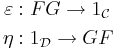 \begin{align}
\varepsilon &: FG \to 1_{\mathcal C} \\
\eta &: 1_{\mathcal D} \to GF\end{align}