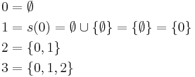 \begin{align}
0 &= \emptyset \\
1 &= s(0) = \emptyset \cup \{ \emptyset \} = \{ \emptyset \} = \{ 0 \} \\
2 &= \{ 0, 1 \} \\
3 &= \{ 0, 1, 2 \}
\end{align}