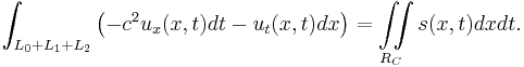 \int_{ L_0 + L_1 + L_2 } \left ( - c^2 u_x(x,t) dt - u_t(x,t) dx \right ) = \iint \limits_{R_C} s(x,t) dx dt. 