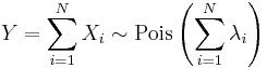 Y = \sum_{i=1}^N X_i \sim \mathrm{Pois}\left(\sum_{i=1}^N \lambda_i\right)\,