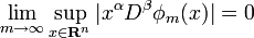  \lim_{m\to\infty}\sup_{x \in \mathbf{R}^n} | x^\alpha D^\beta \phi_m(x)| = 0 