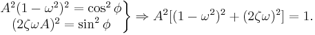 \left . \begin{matrix}A^2  (1-\omega^2)^2 = \cos^2\phi \\ (2 \zeta \omega A)^2 = \sin^2\phi \end{matrix} \right \} \Rightarrow A^2[(1-\omega^2)^2 + (2 \zeta \omega)^2] = 1. 