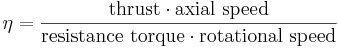 \eta = \frac{\hbox{thrust}\cdot\hbox{axial speed}}{\hbox{resistance torque}\cdot\hbox{rotational speed}}