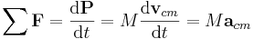 \ \sum{\mathbf{F}} = {\mathrm{d}\mathbf{P} \over \mathrm{d}t}= M \frac{\mathrm{d}\mathbf{v}_{cm}}{\mathrm{d}t}=M\mathbf{a}_{cm}