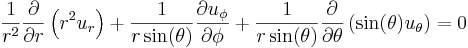 
\frac{1}{r^2}\frac{\partial}{\partial r}\left(r^2 u_r\right) + 
\frac{1}{r \sin(\theta)}\frac{\partial u_\phi}{\partial \phi} + 
\frac{1}{r \sin(\theta)}\frac{\partial}{\partial \theta}\left(\sin(\theta) u_\theta\right) = 0