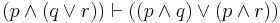 (p \land (q \lor r)) \vdash ((p \land q) \lor (p \land r))