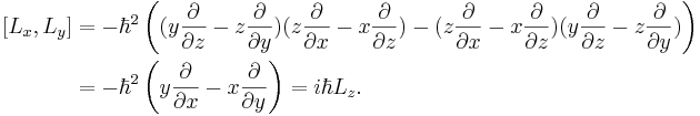 \begin{align}
\left[L_x,L_y\right] & = -\hbar^2 \left( (y {\partial \over \partial z} - z {\partial\over \partial y})(z {\partial\over \partial x} - x {\partial\over \partial z}) - (z {\partial\over \partial x} - x {\partial\over \partial z})(y {\partial \over \partial z} - z {\partial\over \partial y})\right) \\
      & = -\hbar^2 \left( y {\partial\over \partial x} - x {\partial\over \partial y}\right) = i \hbar L_z. \\
\end{align}