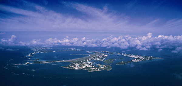 Aerial view of Bermuda looking west — St. David's and St. George's are in the foreground