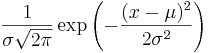 \frac{1}{\sigma \sqrt{2\pi} } \exp \left(-\frac{(x-\mu)^2}{2\sigma ^2} \right) 