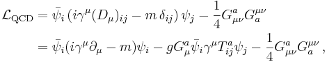 
\begin{align}
\mathcal{L}_\mathrm{QCD} 
& = \bar{\psi}_i\left(i \gamma^\mu (D_\mu)_{ij} - m\, \delta_{ij}\right) \psi_j - \frac{1}{4}G^a_{\mu \nu} G^{\mu \nu}_a \\
& = \bar{\psi}_i (i \gamma^\mu \partial_\mu  -  m )\psi_i - g G^a_\mu \bar{\psi}_i \gamma^\mu T^a_{ij} \psi_j - \frac{1}{4}G^a_{\mu \nu} G^{\mu \nu}_a \,,\\
\end{align}
