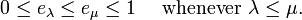  0 \leq e_\lambda \leq e_\mu \leq 1\quad \mbox{ whenever } \lambda \leq \mu. 