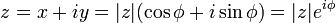  z = x + iy = |z| (\cos \phi + i\sin \phi ) = |z| e^{i \phi} \,