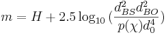 m = H + 2.5 \log_{10}{(\frac{d_{BS}^2 d_{BO}^2}{p(\chi) d_0^4})}\!\,