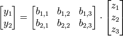 
  \begin{bmatrix}
    y_1 \\
    y_2
  \end{bmatrix}
=
  \begin{bmatrix}
    b_{1,1} & b_{1,2} & b_{1,3} \\
    b_{2,1} & b_{2,2} & b_{2,3}
  \end{bmatrix}
\cdot
  \begin{bmatrix}
    z_1 \\
    z_2 \\
    z_3
  \end{bmatrix}
