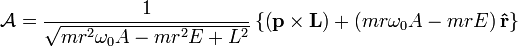 
\mathcal{A} = \frac{1}{\sqrt{mr^{2}\omega_{0} A - mr^{2}E + L^{2}}} \left\{ \left( \mathbf{p} \times \mathbf{L} \right) + \left(mr\omega_{0} A - mrE \right) \mathbf{\hat{r}} \right\}
