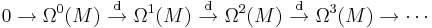 0 \to\Omega^0(M)\ \stackrel{\mathrm d}{\to}\ \Omega^1(M)\ \stackrel{\mathrm d}{\to}\ \Omega^2(M)\ \stackrel{\mathrm d}{\to}\ \Omega^3(M) \to \cdots