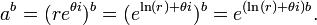 \,a^b = (re^{{\theta}i})^b = (e^{\ln(r) + {\theta}i})^b = e^{(\ln(r) + {\theta}i)b}.