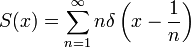 S(x) = \sum_{n=1}^\infty n\delta\left(x-\frac{1}{n}\right)