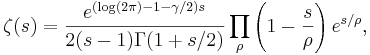 \zeta(s) = \frac{e^{(\log(2\pi)-1-\gamma/2)s}}{2(s-1)\Gamma(1+s/2)} \prod_\rho \left(1 - \frac{s}{\rho} \right) e^{s/\rho},\!