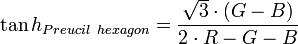 \tan h_{Preucil\ hexagon} = \frac{\sqrt{3}\cdot (G - B)}{2\cdot R - G - B}