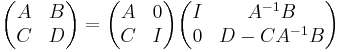 \begin{pmatrix}A& B\\ C& D\end{pmatrix} = \begin{pmatrix}A& 0\\ C& I\end{pmatrix} \begin{pmatrix}I& A^{-1} B\\ 0& D - C A^{-1} B\end{pmatrix}