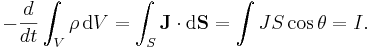 - \frac{d}{dt} \int_V \rho\, \mathrm{d}V = \int_S \mathbf{J} \cdot \mathrm{d}\mathbf{S} = \int J S \cos\theta = I.