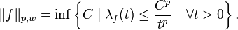 \|f\|_{p,w} = \inf\left\{C \mid \lambda_f(t) \le \frac{C^p}{t^p}\quad\forall t>0 \right\}.