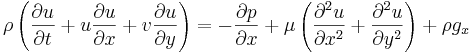  \rho \left(\frac{\partial u}{\partial t} + u \frac{\partial u}{\partial x} + v \frac{\partial u}{\partial y}\right) =  -\frac{\partial p}{\partial x} + \mu \left(\frac{\partial^2 u}{\partial x^2} + \frac{\partial^2 u}{\partial y^2}\right) + \rho g_x