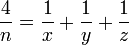 \frac{4}{n} = \frac{1}{x} + \frac{1}{y} + \frac{1}{z}