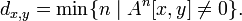 d_{x,y}=\min\{n\mid A^n[x,y]\ne 0\}.
