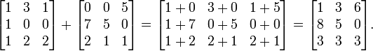 

\begin{bmatrix}
1 & 3 & 1 \\
1 & 0 & 0 \\
1 & 2 & 2
\end{bmatrix}
+
\begin{bmatrix}
0 & 0 & 5  \\
7 & 5 & 0  \\
2 & 1 & 1  
\end{bmatrix}
=
\begin{bmatrix}
1+0 & 3+0 & 1+5 \\
1+7 & 0+5 & 0+0 \\
1+2 & 2+1 & 2+1
\end{bmatrix}
=
\begin{bmatrix}
1 & 3 & 6 \\
8 & 5 & 0 \\
3 & 3 & 3
\end{bmatrix}.
