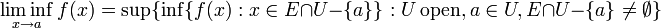 \liminf_{x\to a} f(x) = \sup \{ \inf \{ f(x)�: x \in E \cap U - \{a\} \}�:  U\ \mathrm{open}, a \in U, E \cap U - \{a\} \neq \emptyset  \}