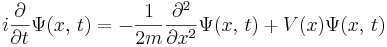 
i{\partial \over \partial t} \Psi(x,\,t)= -{1\over 2m} {\partial^2 \over \partial x^2} \Psi(x,\,t)+ V(x)\Psi(x,\,t)
\,