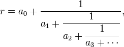 r=a_0+\dfrac{1}{a_1+\dfrac{1}{a_2+\dfrac{1}{a_3+\cdots}}},