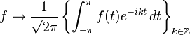  f \mapsto \frac{1}{\sqrt{2 \pi}} \left\{\int_{-\pi}^\pi f(t) e^{-i k t} \, dt \right\}_{k \in \mathbb{Z}} 