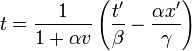 t=\frac{1}{1+\alpha v}\left(\frac{t'}{\beta}-\frac{\alpha x'}{\gamma}\right)