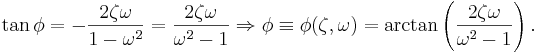 \tan\phi = - \frac{2 \zeta \omega}{ 1 - \omega^2} = \frac{2 \zeta \omega}{\omega^2 - 1} \Rightarrow \phi \equiv \phi(\zeta, \omega) = \arctan \left( \frac{2 \zeta \omega}{\omega^2 - 1} \right ). 