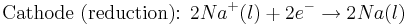 \mbox{Cathode (reduction): }2Na^{+}(l) + 2e^{-} \rightarrow 2Na(l)\,