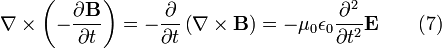 \nabla \times \left(-\frac{\partial \mathbf{B}}{\partial t} \right) = -\frac{\partial}{\partial t} \left( \nabla \times \mathbf{B} \right) = -\mu_0 \epsilon_0 \frac{\partial^2}{\partial t^2} \mathbf{E} \qquad (7)