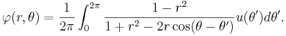 \varphi(r,\theta) = \frac{1}{2\pi} \int_0^{2\pi} \frac{1-r^2}{1 +r^2 -2r\cos (\theta -\theta')} u(\theta')d\theta'.\,