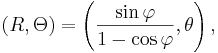 (R, \Theta) = \left(\frac{\sin \varphi}{1 - \cos \varphi}, \theta\right),