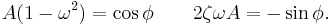 A (1-\omega^2)=\cos\phi \qquad 2 \zeta \omega A = - \sin\phi.