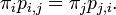 \pi_i p_{i,j} = \pi_j p_{j,i}.\,