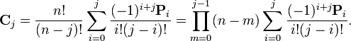 
\mathbf{C}_j = \frac{n!}{(n - j)!} \sum_{i = 0}^j \frac{(-1)^{i + j} \mathbf{P}_i}{i! (j - i)!} = 
\prod_{m = 0}^{j - 1} (n - m) \sum_{i = 0}^j \frac{(-1)^{i + j} \mathbf{P}_i}{i! (j - i)!}
.