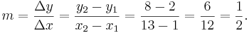 m = \frac{\Delta y}{\Delta x} = \frac{y_2 - y_1}{x_2 - x_1} = \frac{8 - 2}{13 - 1} = \frac{6}{12} = \frac{1}{2}.