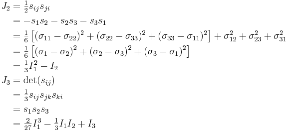 \begin{align}
J_2 &= \textstyle{\frac{1}{2}}s_{ij}s_{ji} \\
&= -s_1s_2 - s_2s_3 - s_3s_1 \\
&= \tfrac{1}{6}\left[(\sigma_{11} - \sigma_{22})^2 + (\sigma_{22} - \sigma_{33})^2 + (\sigma_{33} - \sigma_{11})^2 \right ] + \sigma_{12}^2 + \sigma_{23}^2 + \sigma_{31}^2 \\
&= \tfrac{1}{6}\left[(\sigma_1 - \sigma_2)^2 + (\sigma_2 - \sigma_3)^2 + (\sigma_3 - \sigma_1)^2 \right ] \\
&= \tfrac{1}{3}I_1^2-I_2\\
J_3 &= \det(s_{ij}) \\
&= \tfrac{1}{3}s_{ij}s_{jk}s_{ki} \\
&= s_1s_2s_3 \\
&= \tfrac{2}{27}I_1^3 - \tfrac{1}{3}I_1 I_2 + I_3
\end{align}
