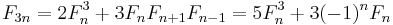 F_{3n} = 2F_n^3 + 3F_n F_{n+1} F_{n-1} = 5F_{n}^3 + 3 (-1)^n F_{n} 