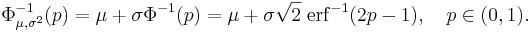 
\Phi_{\mu,\sigma^2}^{-1}(p)
= \mu + \sigma\Phi^{-1}(p)
= \mu + \sigma\sqrt2
\; \operatorname{erf}^{-1}(2p - 1),
\quad p\in(0,1).
