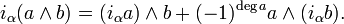 i_\alpha (a\wedge b) = (i_\alpha a)\wedge b + (-1)^{\deg a}a\wedge (i_\alpha b).